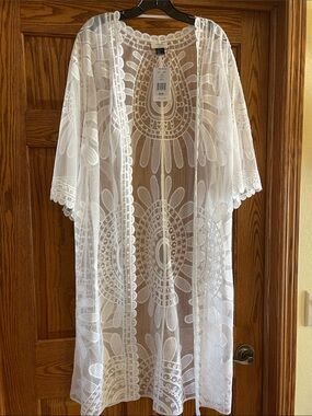 White Embroidered Sheer Lace Kimono Duster Cover-Up
